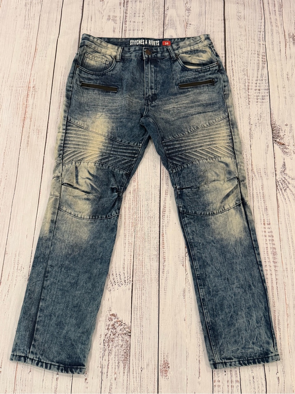Stitches & Rivets Men's Biker Jeans Size 36 Acid Washed Ribbed Legs Distressed